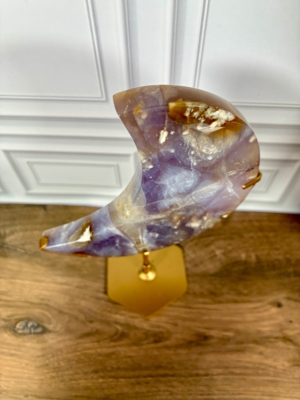 Lavender Purple Chalcedony Crescent Moon • Gold Stand Crystal Décor • Celestial - Picture 5 of 9